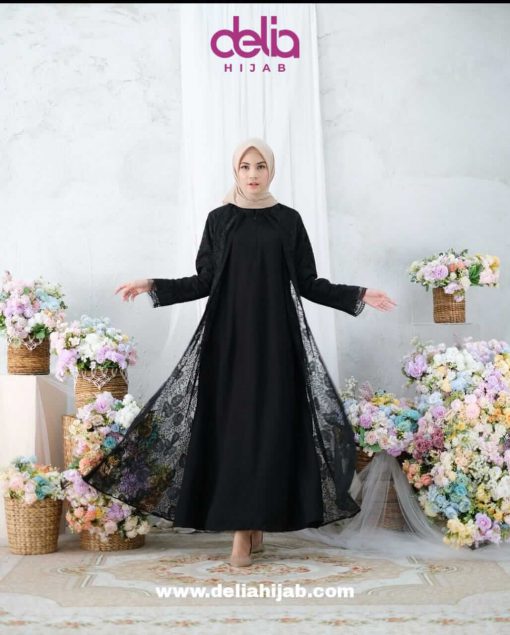 Baju Muslim Lebaran - Karlina Dress - Delia Hijab Hitam