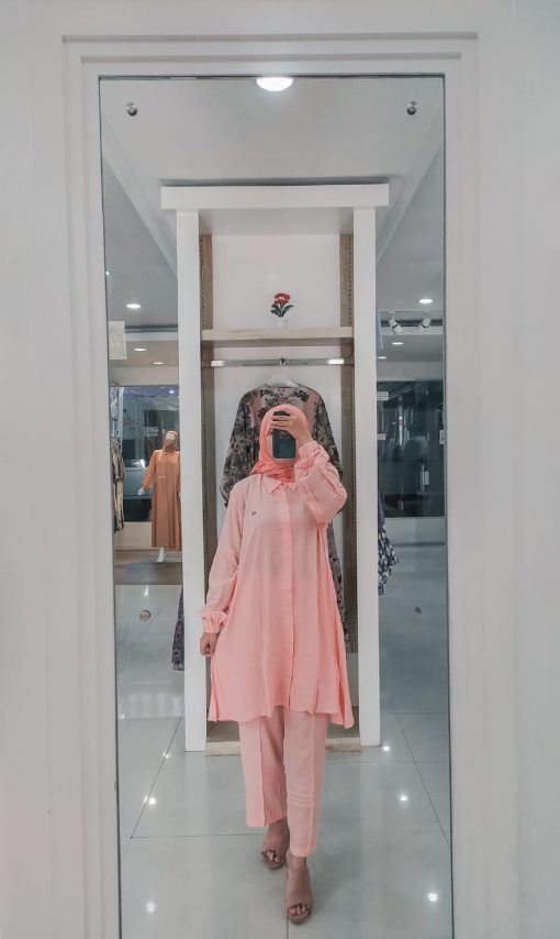 Baju Muslim Casual - Munia Set Tunik - Delia Hijab Pink/Salem